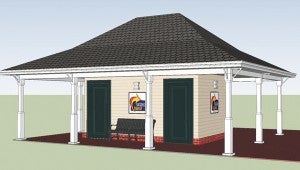 Above is an artist’s rendering of the new bus stop shelter and restroom facility that will be constructed at Market Park on North Main Street. The transfer station will be moved to the new location.