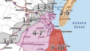 This graphic from the National Weather Service in Wakefield shows a range of 4 to 7 inches of snow for Suffolk during the winter storm expected to start Tuesday.