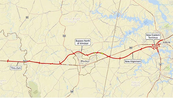 Provided by state officials, this map shows the “Eastern Terminus” of a proposed new alternative for the Route 460 project at Route 58 in Suffolk, and the west of the route heading west.