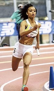 Nansemond River High School senior Syaira Richardson runs during the preliminary heat of the girls’ 4x200 meter relay at the New Balance Nationals indoor meet in New York City last indoor season. Richardson, coming off a summer of competing in track on the world stage, will be the senior leader this season. (Ann Magnant/MileSplit.com)