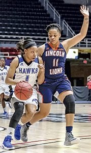 Shaikeyla Jordan, a King’s Fork High School alumna, is checked by a Lincoln Lions defender during Chowan University’s CIAA tournament loss on Wednesday. Frank Davis photo